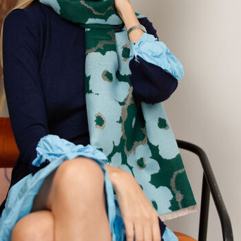 Elegant Anemone Scarf In Teal And Sky Blue With Shimmering Metallic Thread - image 6