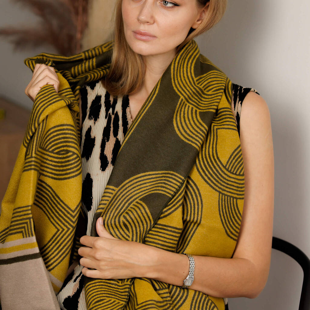 Geometric Woven Scarf – Mustard, Olive And Beige - image 1