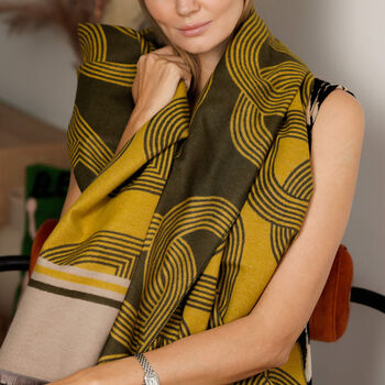 Geometric Woven Scarf – Mustard, Olive And Beige - image 2