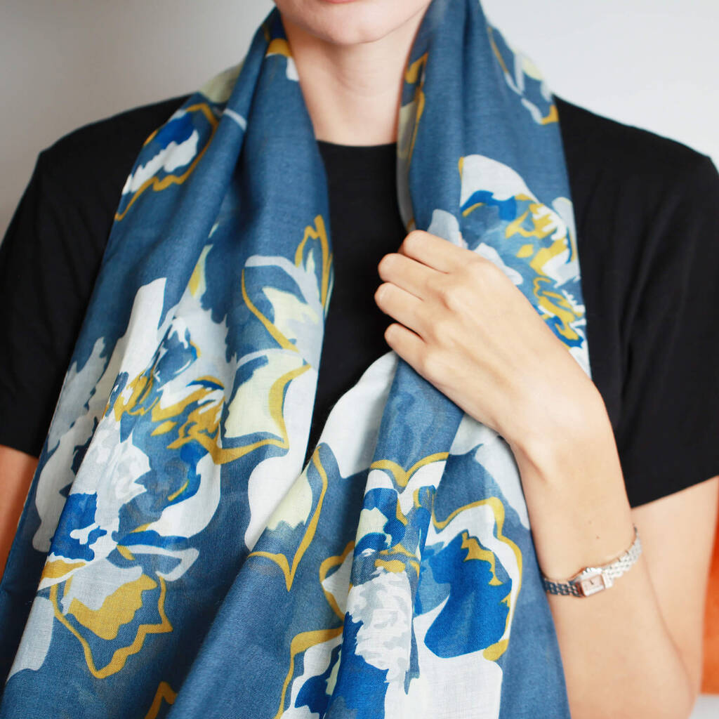 Blue Abstract Floral Printed Scarf — Personalised Gift Card And Gift Box Option - image 1