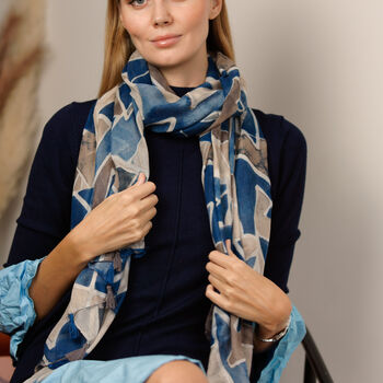 Blue Abstract Floral Printed Scarf — Personalised Gift Card And Gift Box Option - image 7