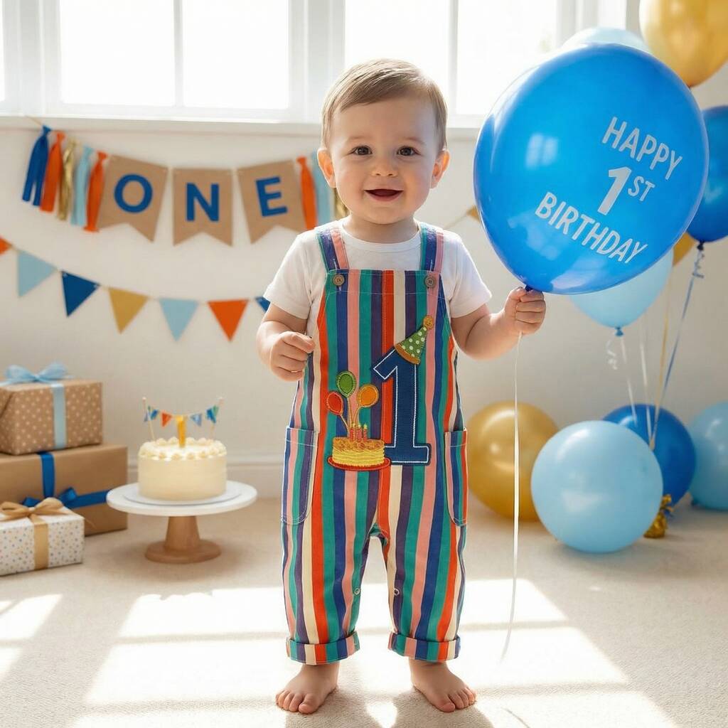 Personalised First Birthday Striped Baby Dungarees - image 1