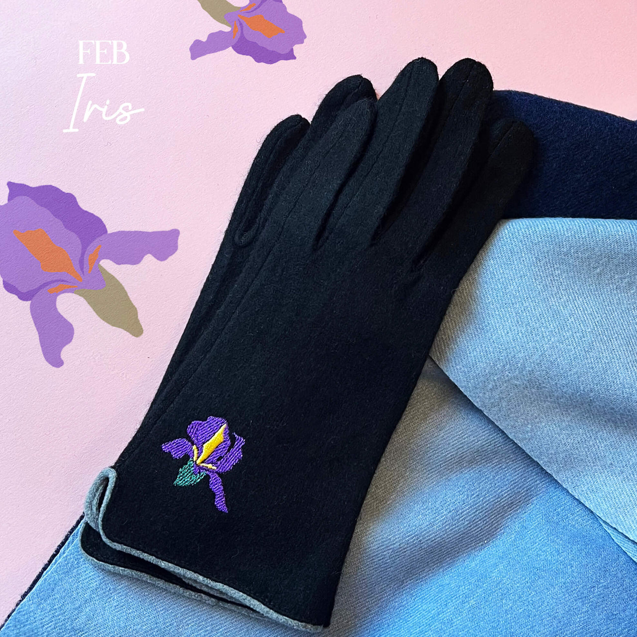 Embroidered Birth Flower Merino Wool Touch Screen Gloves