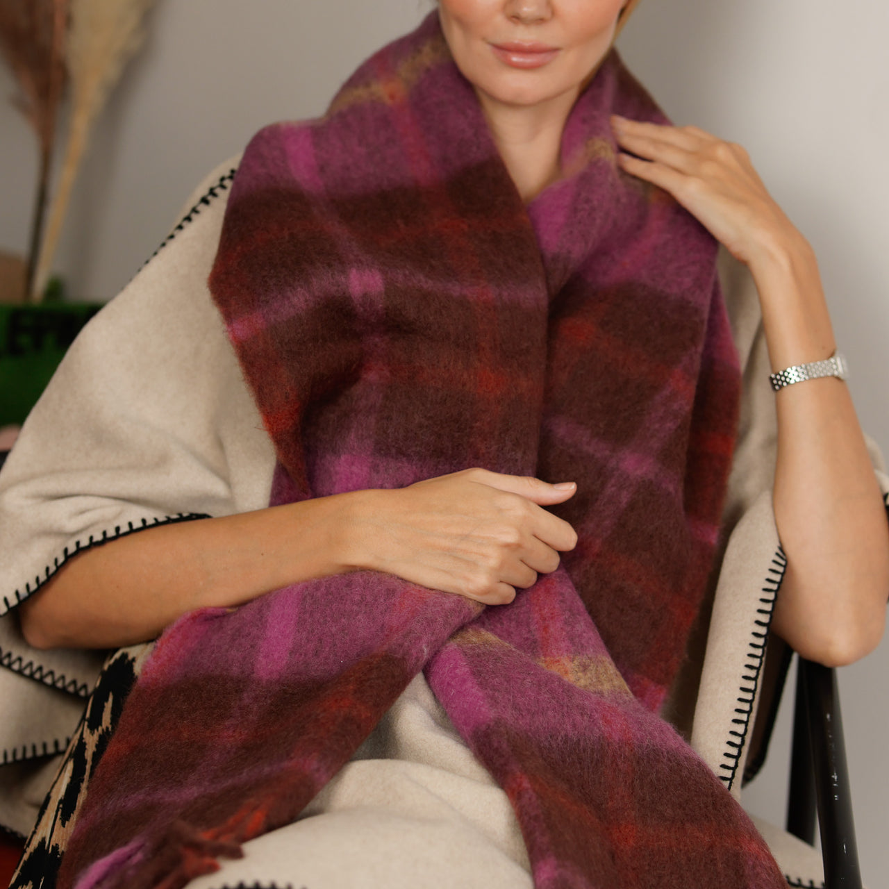 Wool Blend Cosy Checked Winter Scarf