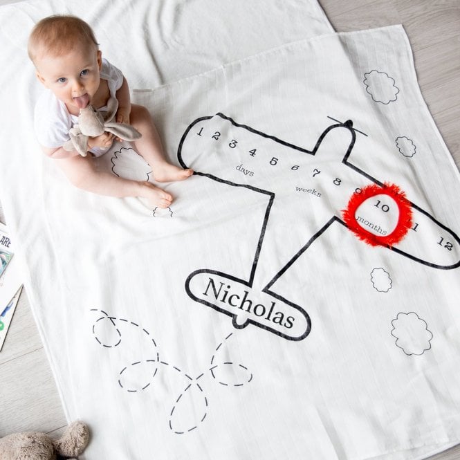 Personalised Milestone Airplane Baby Cotton Blanket