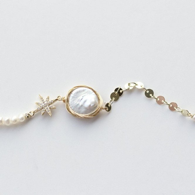 Button Fresh Water Pearl Star Light Gold Bracelet