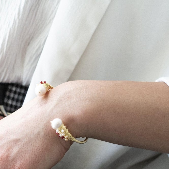 Wire Wrapped Pearl Open Bangle