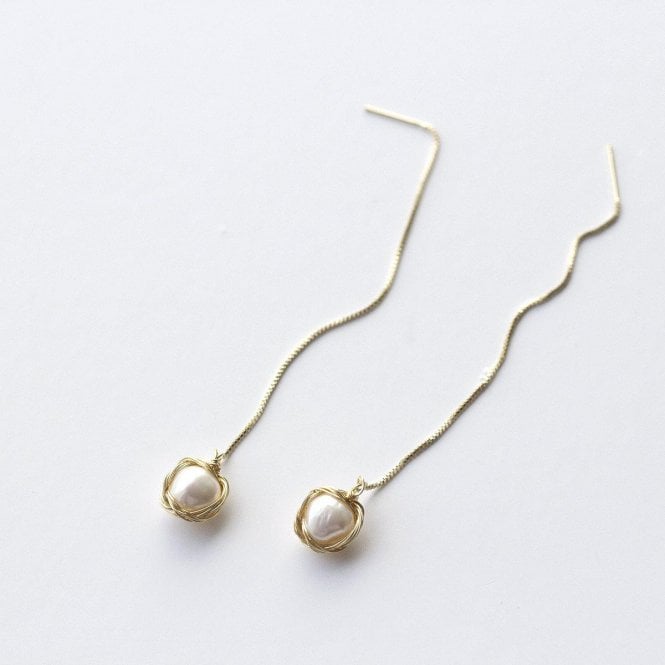 Hand Wrapped Fresh Water Pearl Long Chain Drop Earrings