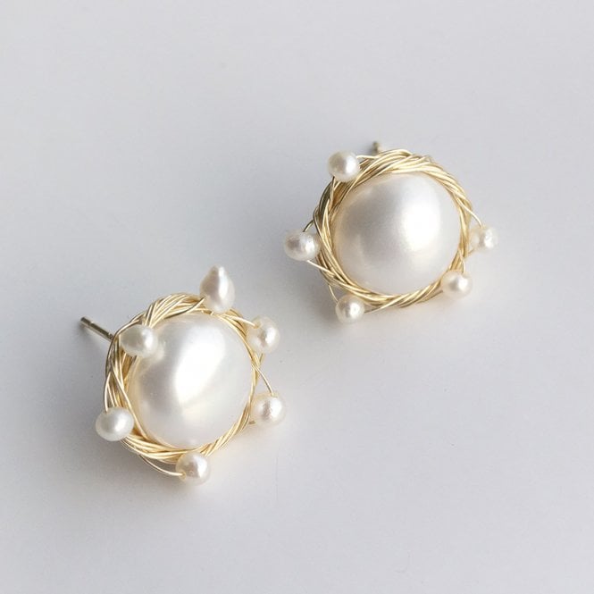 Hand Wrapped Pearl Stud Earring
