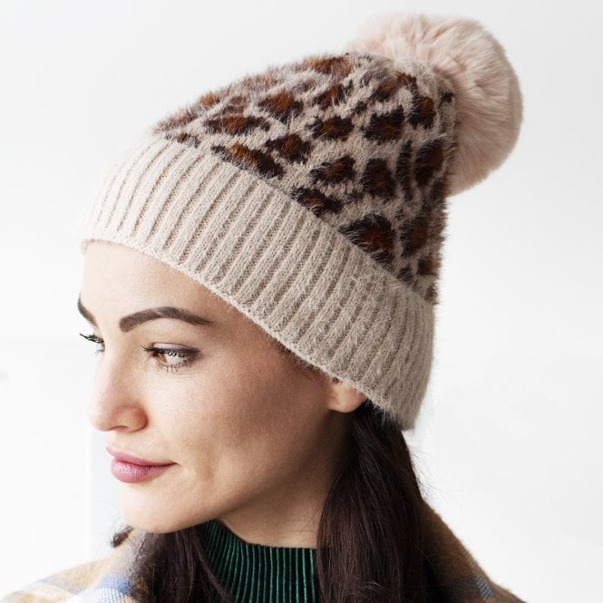 Cosy Leopard Knit Beanie Hat