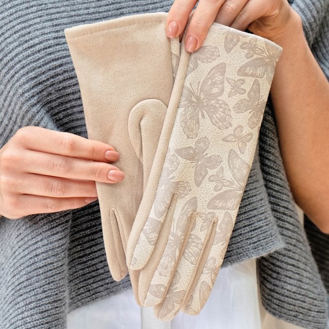 Butterfly Brocade Suede Stretchy Fabric Gloves