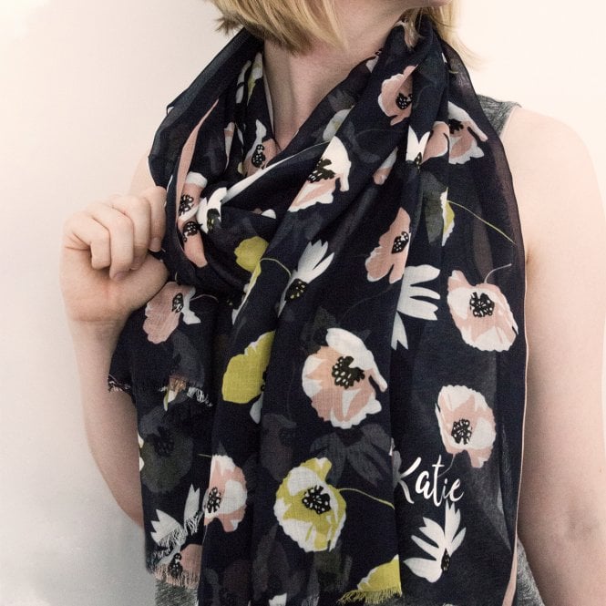 Personalised Pink Yellow Graphic Poppy Navy Scarf
