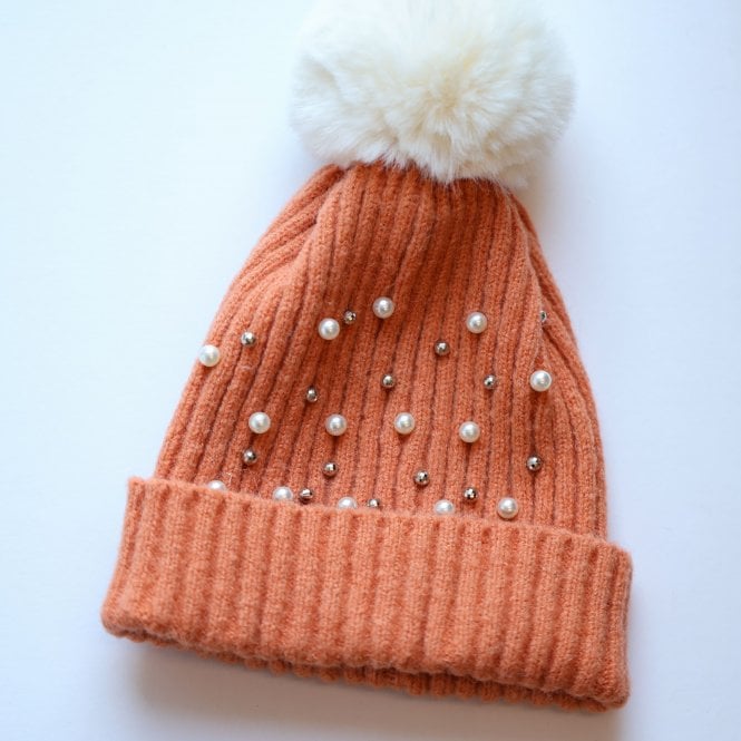 Pearl Embellished Beanie Hat with Pompom