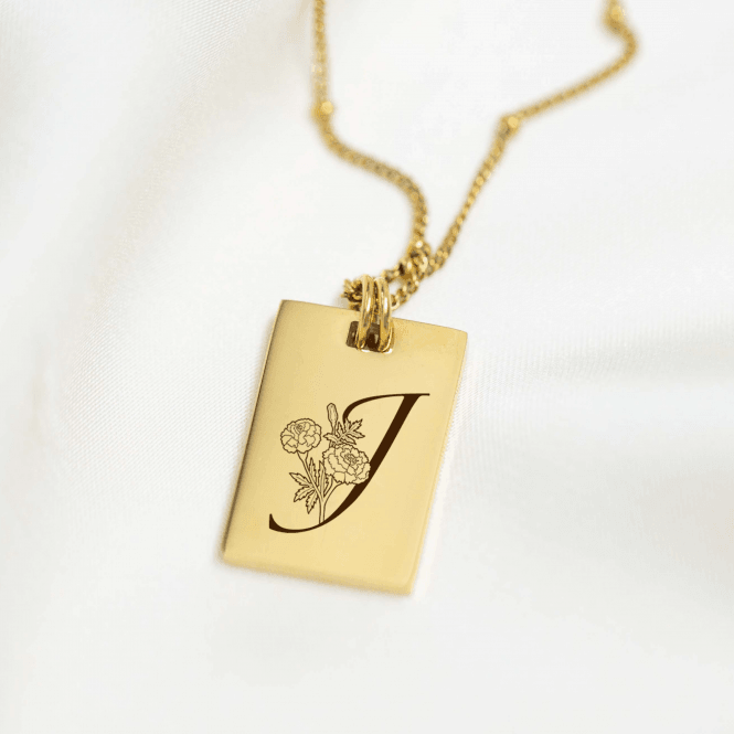 Personalised Birth Flower And Initial Tag Necklace