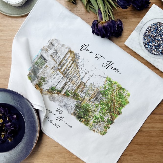 Personalised Watercolour First Home New Home Tea Towel