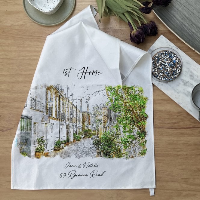 Personalised Watercolour First Home New Home Tea Towel