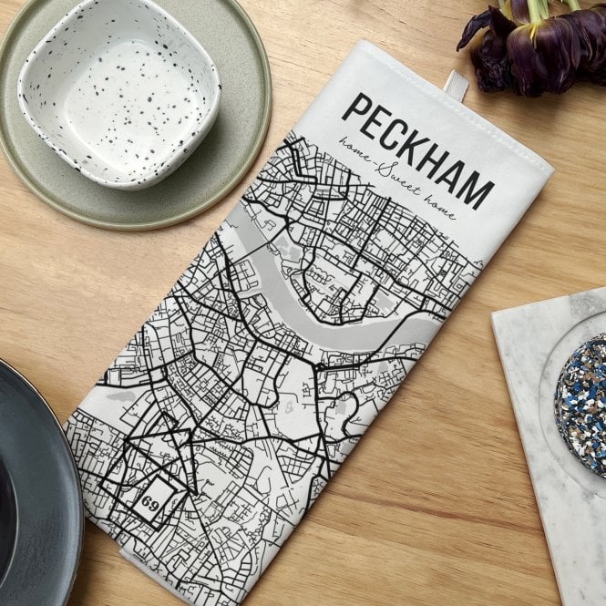 Personalised Home Location Map Monochrome Design Tea Towel