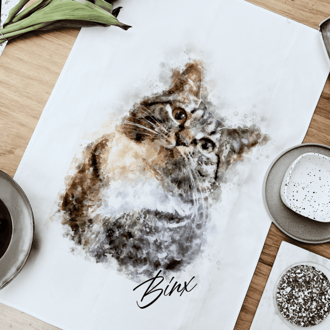 Personalised Your Cat Portrait Watercolour Tea Towel