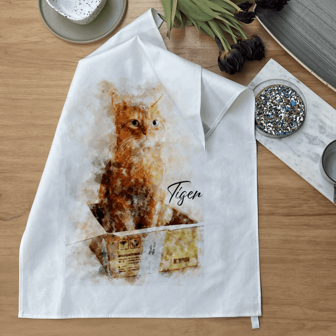 Personalised Your Cat Portrait Watercolour Tea Towel