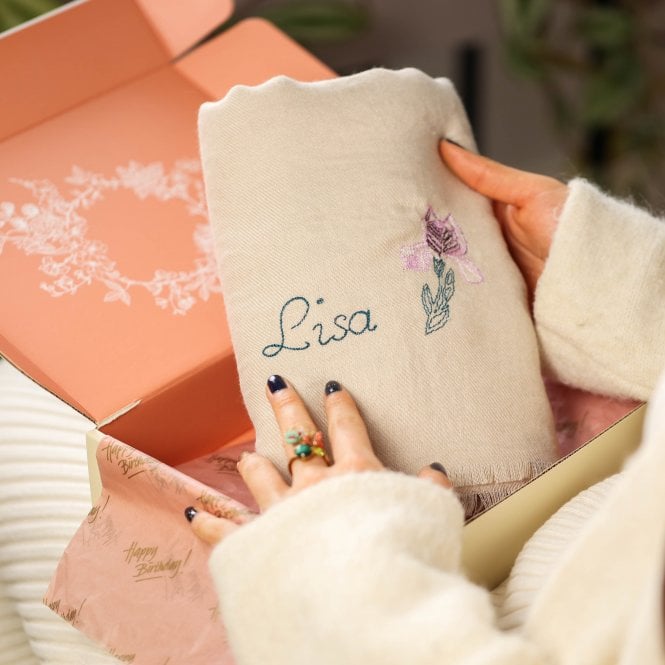 Personalised Embroidered Birth Flower Spring Scarf In A Box
