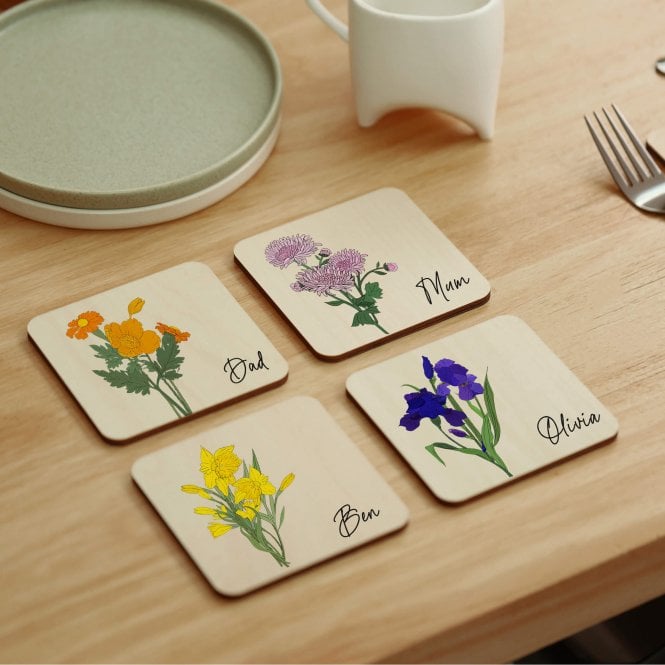 Personalised Birth Flower Family Wooden Coasters