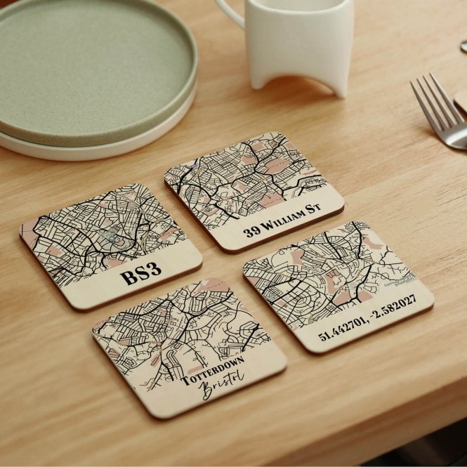 Personalised Home Location Map Wooden Coaster Set