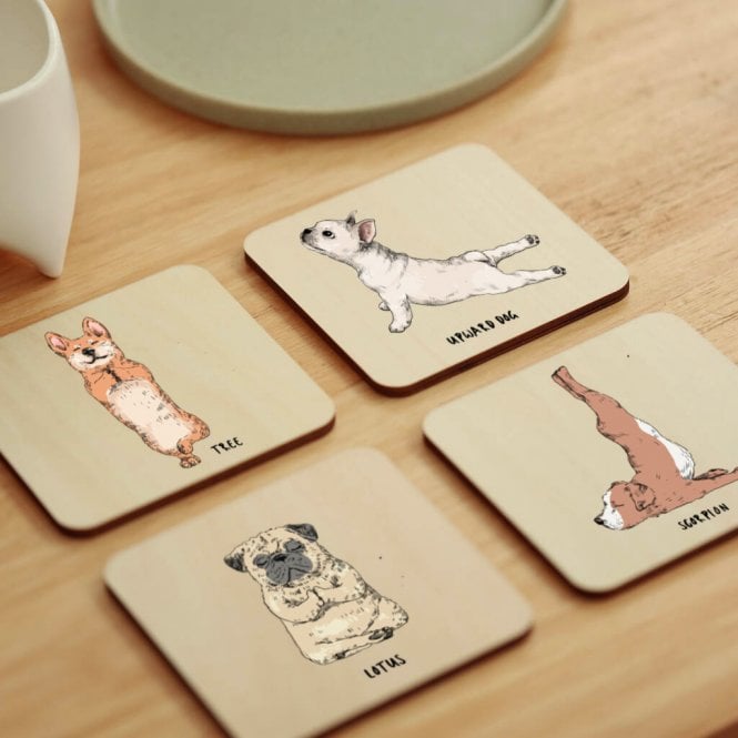 Personalised Dog Yoga Wooden Coaster Set
