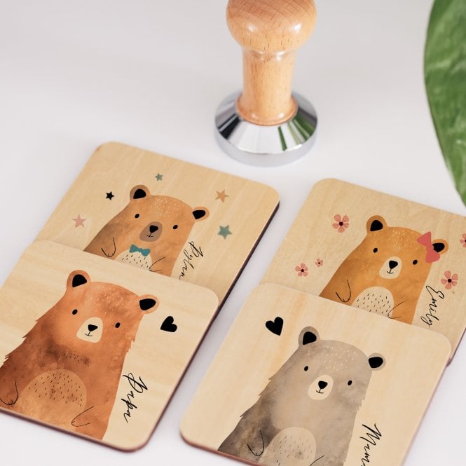 Personalised Family Bears Watercolour Style Coasters