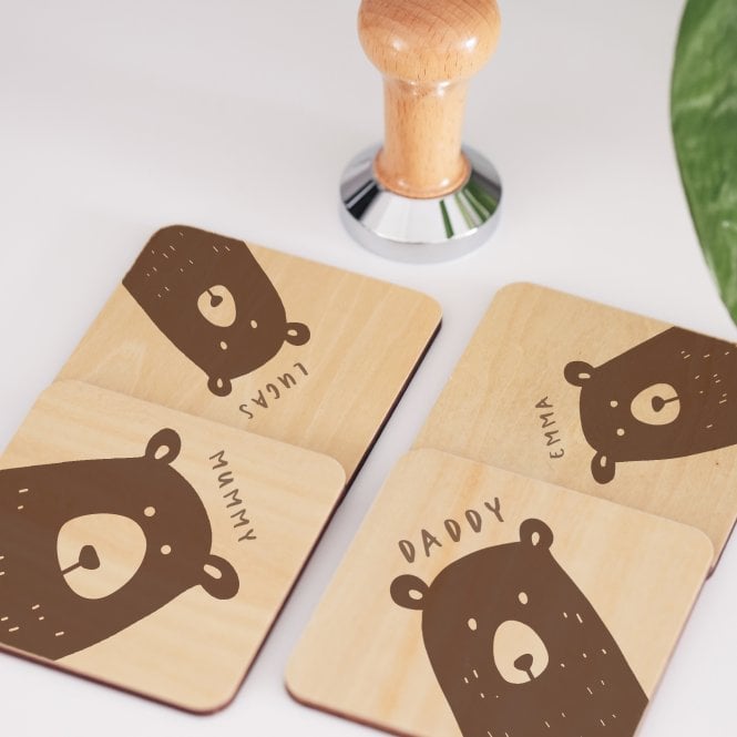Personalised Bear Family Wooden Coaster Set