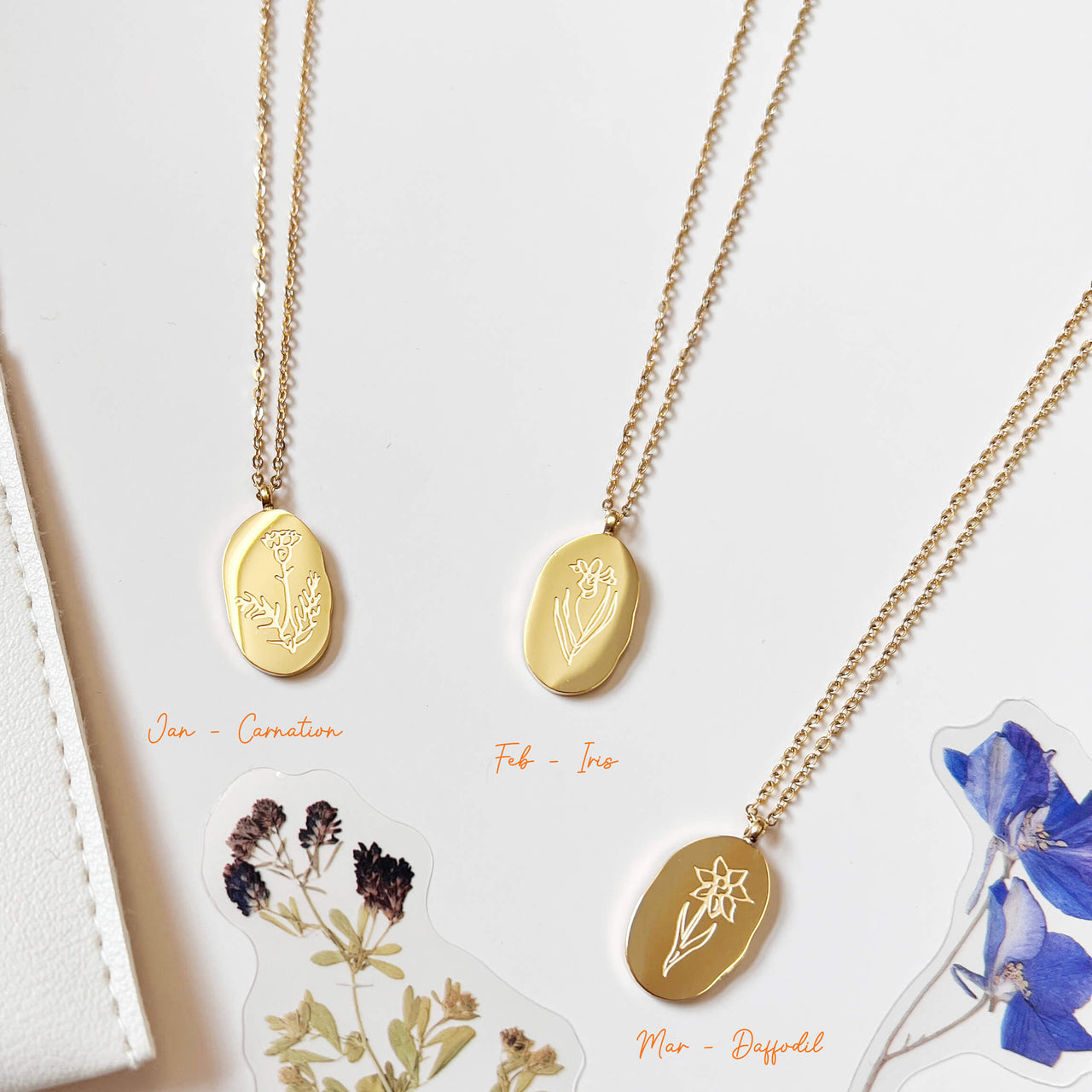 Oval Shape Etched Birth Flower Necklace