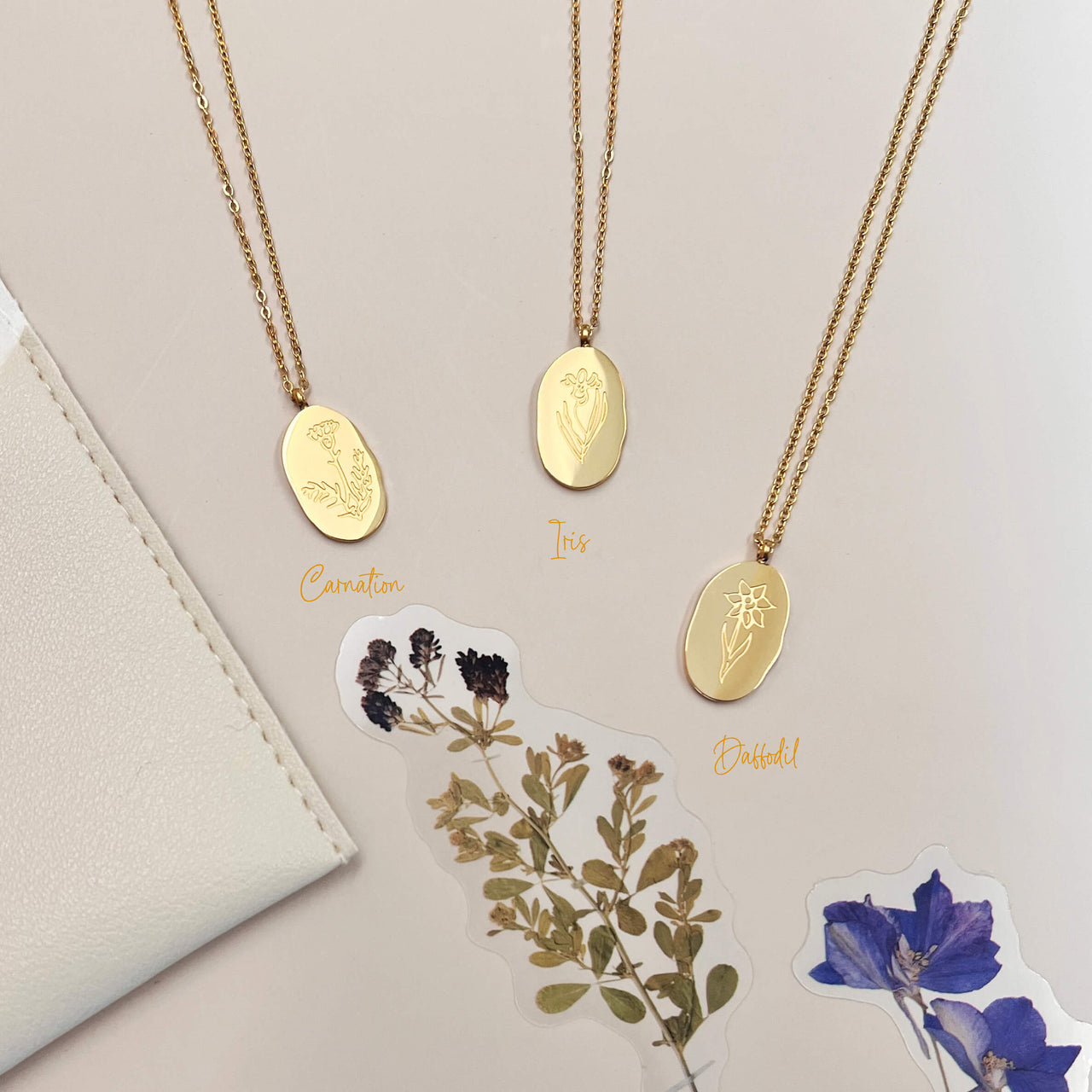 Oval Shape Etched Birth Flower Necklace