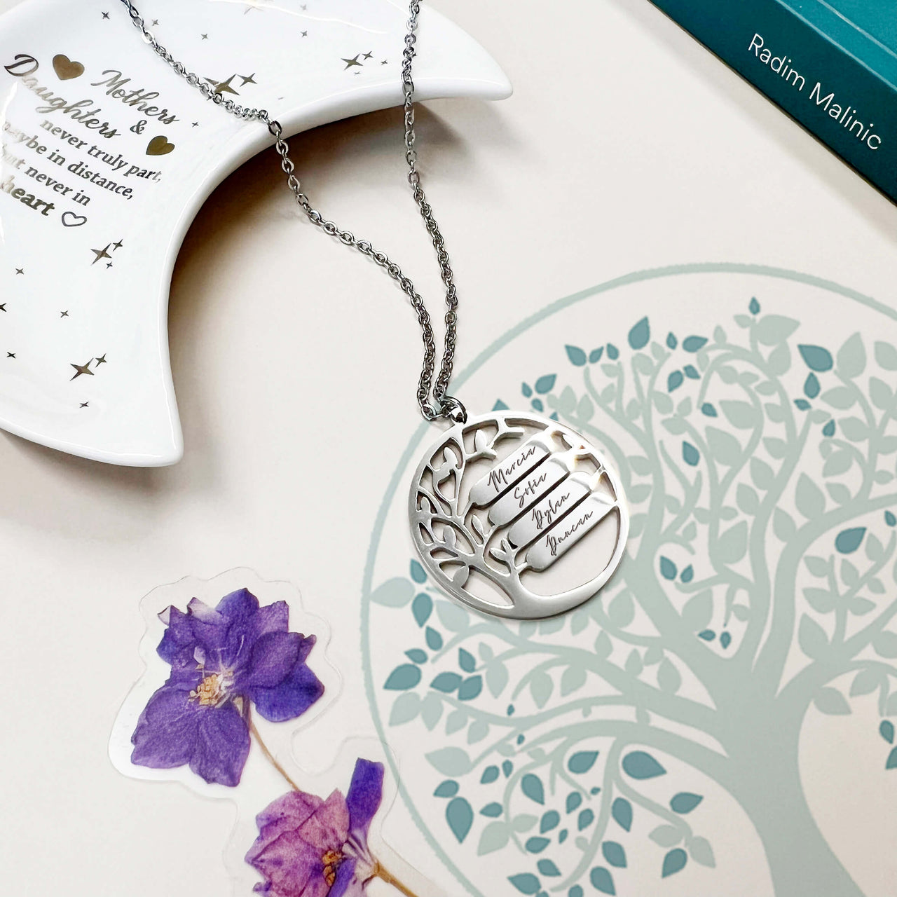 Family Tree Circle Pendant Name Necklace